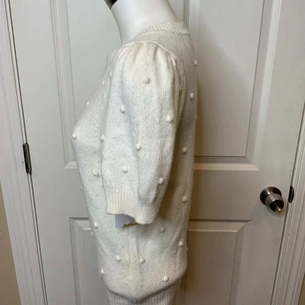 By Anthropologie White Wool Blend Short Sleeve Sweater W/ Pom Pom Nub, Size S - Picture 3 of 5